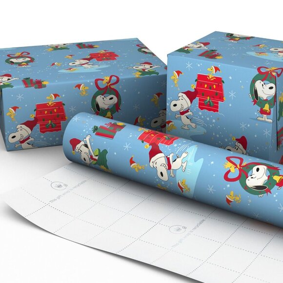 Hallmark Wrapping Paper Christmas Peanuts Snoopy Woodstock Blue 70 sq ft Jumbo - Picture 6 of 7
